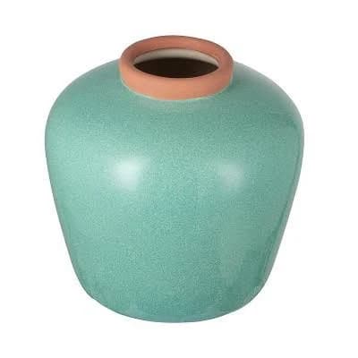 Homeroots 9" Natural and Teal Blue Ceramic Round Table Vase