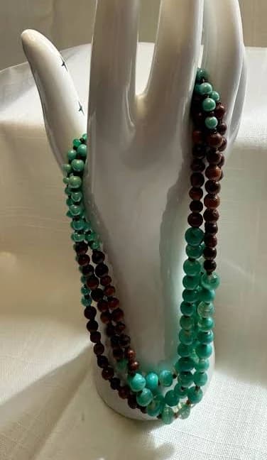 Adjustable Triple-Strand Wood & Glass Bead Necklace