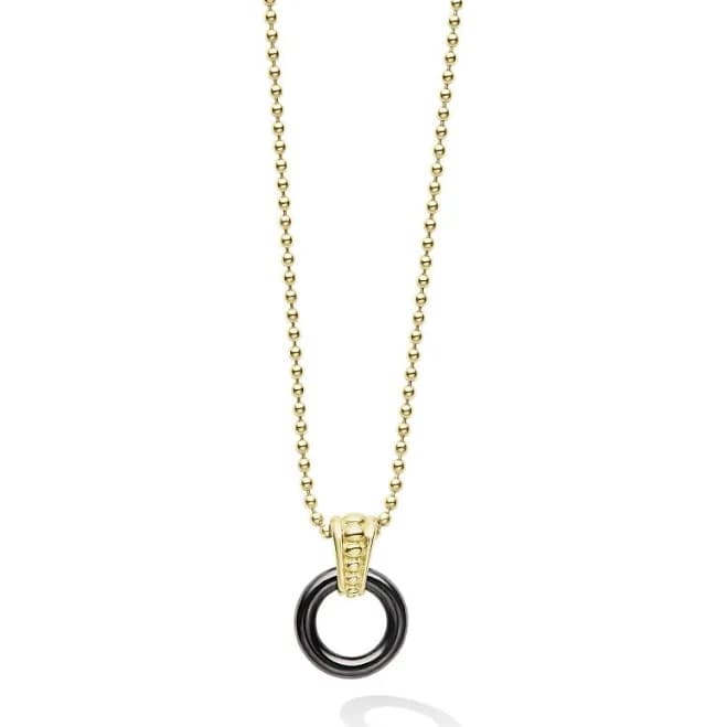 LAGOS 18K Gold & Black Caviar Ceramic Circle Pendant Necklace
