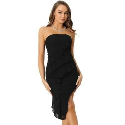 Allegra K Women's Strapless Ruffle Irregular Hem Midi Dress