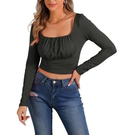 Inspire Chic Women's Casual Square Neck Ruched Long Sleeve Fitted T-Shirt