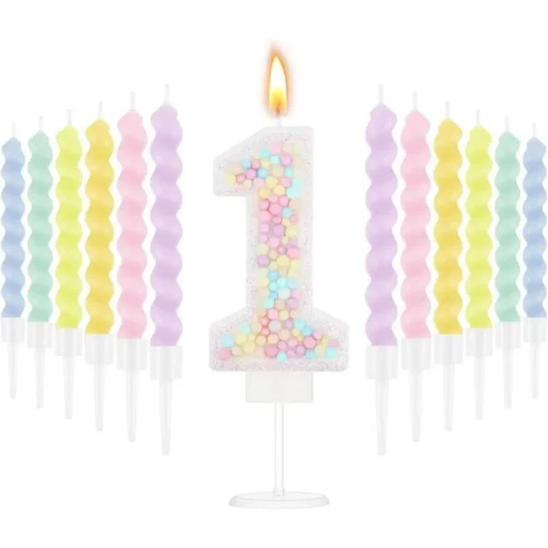 Number Birthday Candle Macaron Pastel Glitter 3D Number Candle with 12 Pcs Rainbow Spiral Candles in Holders for Girl Boy Cake