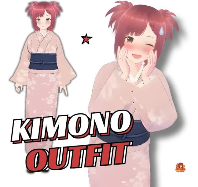 Elegant Pink Floral Kimono Outfit: VTuber Japanese Avatar (VRoid Custom Item)