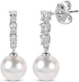 Sterling Silver Pear-Shaped White Lab-Created Sapphire and Pearl Drop Earrings