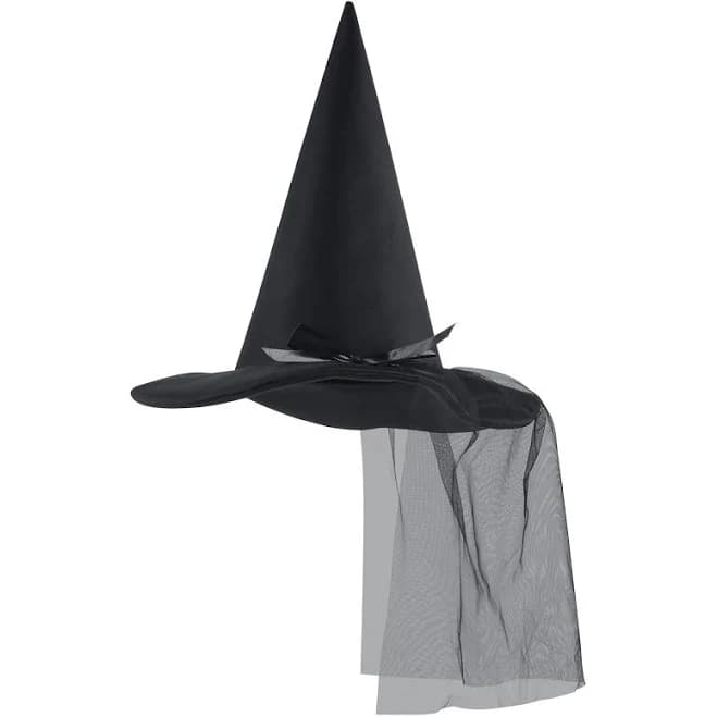 Women's Halloween Mesh Witch Hat with Lace Veil