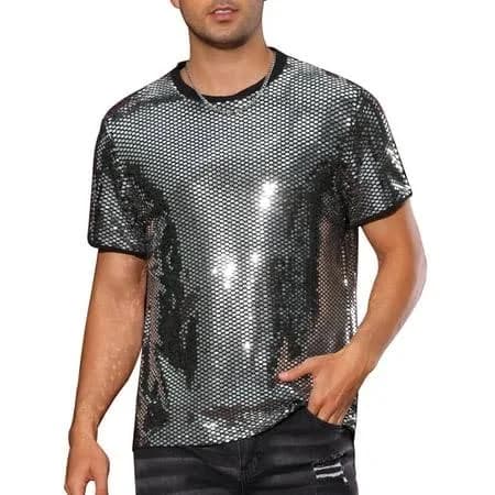 Inspire Chic Men's Metallic Sheer Glitter Sequin T-Shirt
