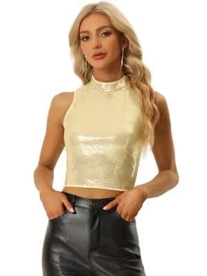 INSPIRE CHIC Women's Sleeveless Party Metallic Sparkly Sequin Top