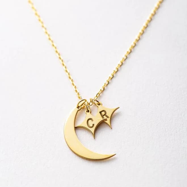 Custom Necklace with Crescent Moon, Stars and Initials – Silveristic