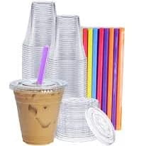 Gusto 12 oz Clear Plastic Cups with Flat Lids & Straws for Coffee, Slushie, Milkshakes, 100-Pack, Size: 12oz