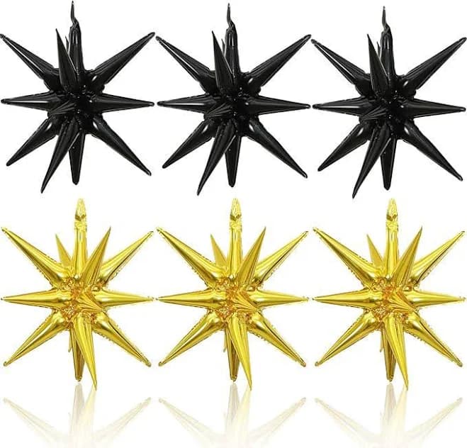 Black and Gold Star Foil Balloons, Party Decorations (6 Pcs)
