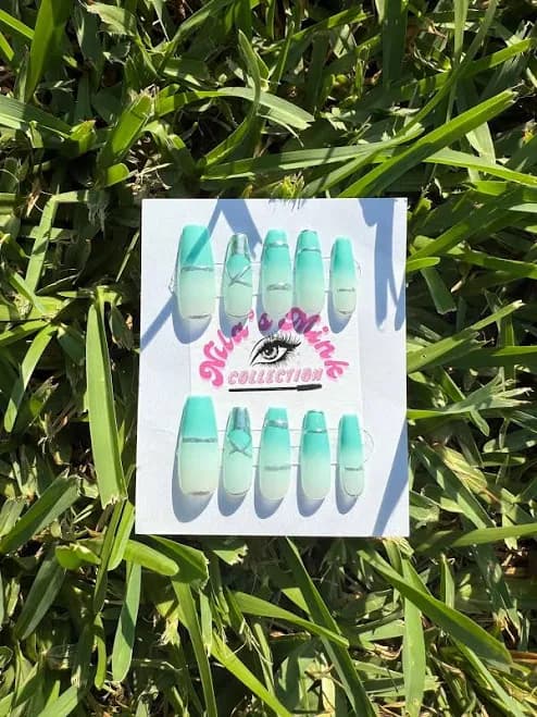 Mint To Be Press-On Nail Set | Mint Ombré, Silver Line Accents & Crystal Charm | Glossy Square Nails | Handmade Trendy Set