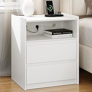 24" Tall White Nightstand with Charging Station, 2 Drawer Modern Bedside Table with Tray Top, USB & Type-C Ports, AC Outlets, and Open Shelf for Bedroom or Living Room