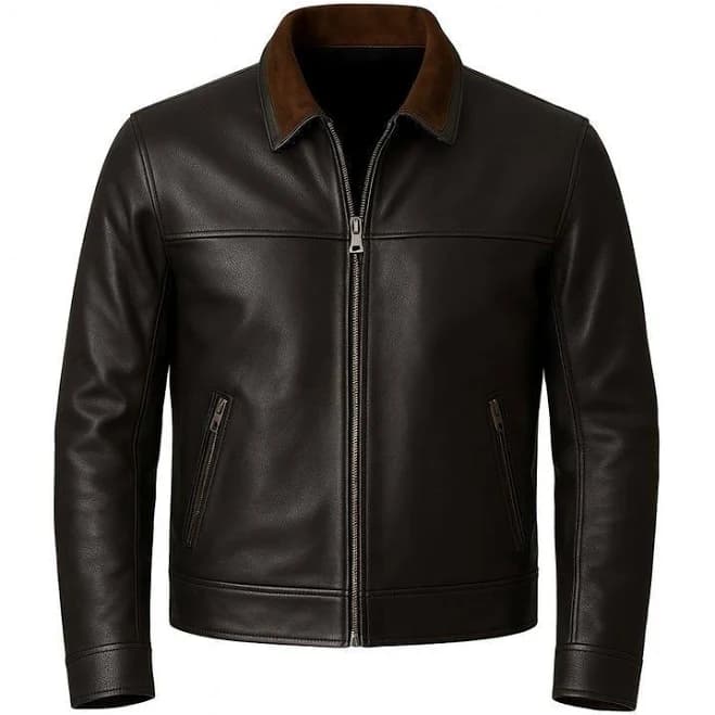 Men’s Premium Black Leather Bomber Jacket With Contrast Brown Collar
