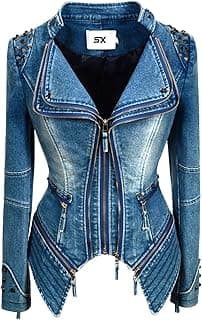 Womens Rivet Faux Leather Jacket Zipper Moto Biker Denim coat Motorcycle Outwear