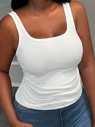 Slaydiva Casual Basic Deep U-Neck Narrow Ribbed Women's Plus Size Regular Tank Top, White, Sleeveless With Ribbed Texture, Folded And Pleated Detail On The Side | SHEIN