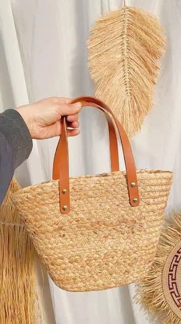 Handwoven Straw Tote Bag with Leather Handles