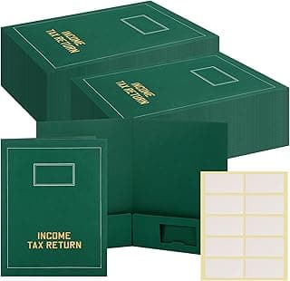 Kisston 50 Pcs Tax Return Folders Bulk 2 Pocket Gold Foil Stamped Income Tax Folders with Labels Business File Office Blank Organizer (Green)