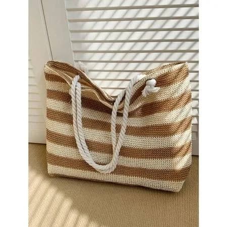 IDA IRENE Women's Large Capacity Woven Stripe Straw Tote with Shoulder Strap