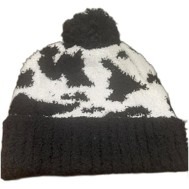 Cow Print Fuzzy Beanie with Pom Pom