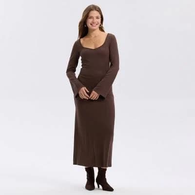 A New Day Women's Ribbed Flare Long Sleeve Midi Bodycon Dress