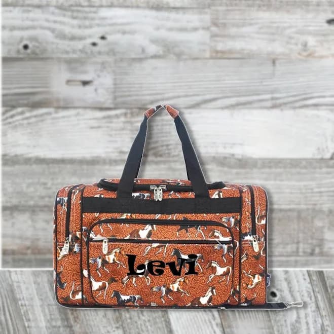 Tooled Leather Horse Print Canvas Custom Duffle Bag With Removable Shoulder Strap, Weekend Bag
