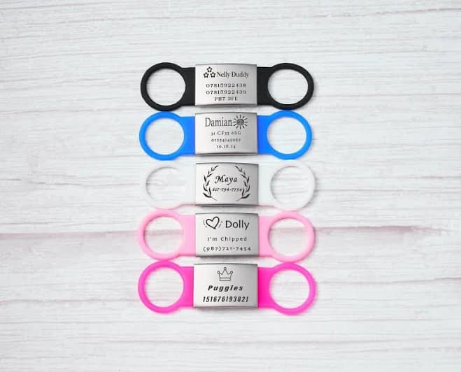 Personalized Slide-On Flexible Band Pet Collar Name Tag,Custom Silicone Silent Tag,Engraved Black Metal Tag for Dogs Collar,Unique Gift