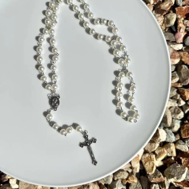 White Pearl Rosary Necklace: Silver Plated Cross, Floral Beads