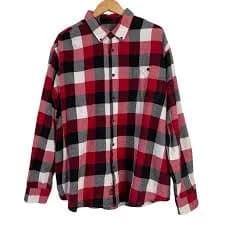 Vintage Red Black White Plaid Flannel Shirt Button Up Long Sleeve Casual