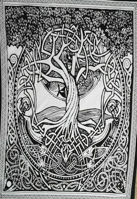 Celtic Tree Wall Hanging White & Black Hippie Bohemian Tapestry | Small | 36-40 in | 100% Cotton | Handmade | Bedroom | Antique | Floral & Garden