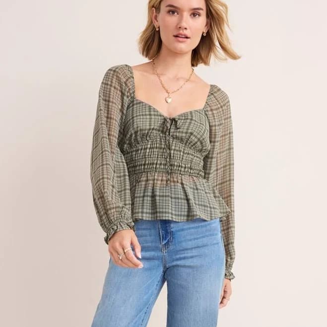 Francesca's Pam Plaid Long Sleeve Blouse