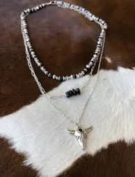 " Oakley " Layered Western Bull Skull Necklace ( Silver / Black )