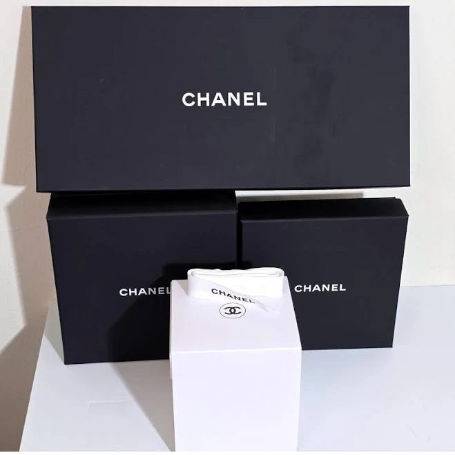 Chanel 4pc Gift Box Set - Black/White Rigid Cardboard with Ribbon and Flower