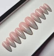 Nude to Silver press on Nails| Fake Nails | False Nails | hand painted | Glue on nails | Sets of 10 and 20 nails | Glue On Nails