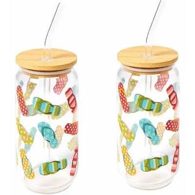 LTD Commodities Lakeside Glass Tumbler with Bamboo Lid and Straw (Set of 2)