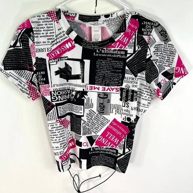 Rebellious Dreamer Soft News Print Shirt Size M Black White Pink - Women | Color: Pink | Size: M