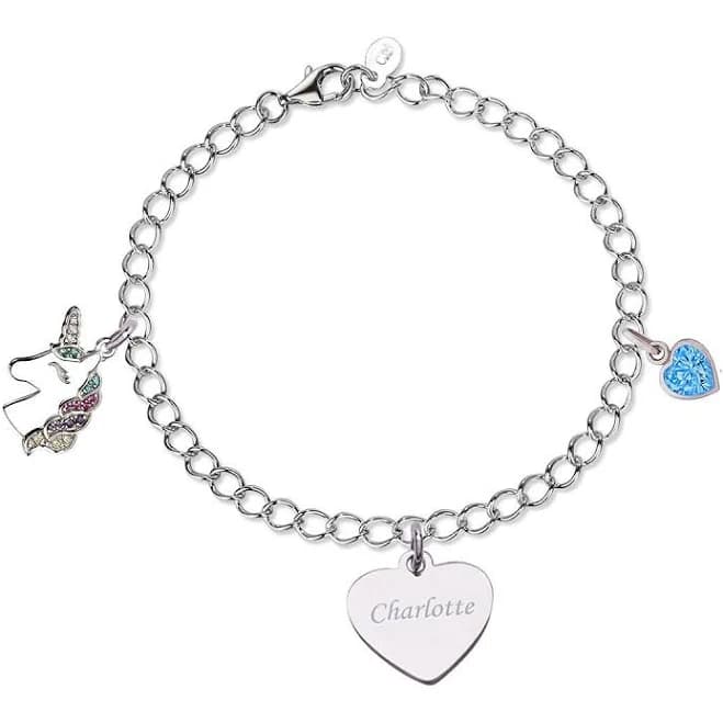 Sterling Silver Engraved Name and Birthstone Charm Bracelet