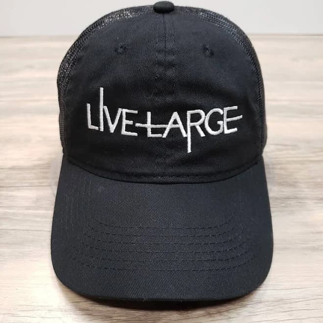 Live Large Hat Cap Strap Back Black Mesh Back Spell Out Logo