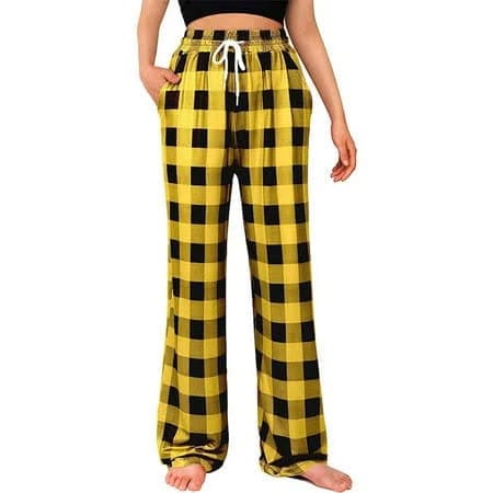 Women's Loose Elastic Waist Wide Leg Plaid Pajama Pants with Pocket
