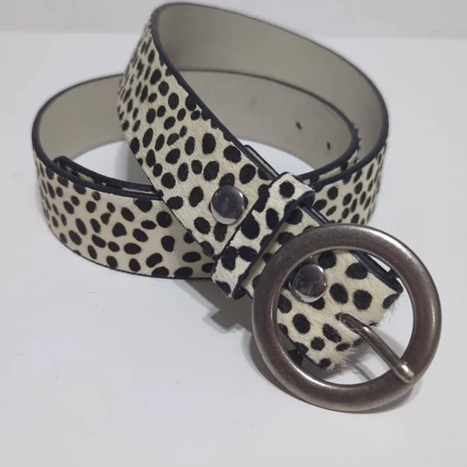 Women's Bone White+black Dalmatian Calf Hair Genuine Leather Belt S
