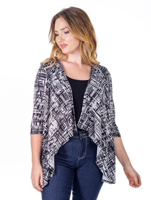 24seven Comfort Apparel Petite Black Print Elbow Length Sleeve Open Cardigan