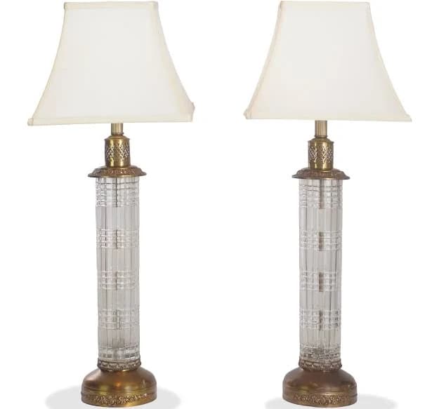 Vintage Fine Crystal and Brass Table Lamps, Pair of