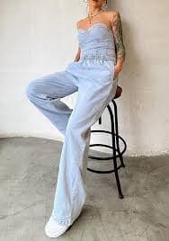 Ecirod Womens Denim 2 Piece Outfits Sexy Sleeveless Bandeau Crop Tube Top Wide Leg Pants Jeans Set at Amazon Women's Jeans store