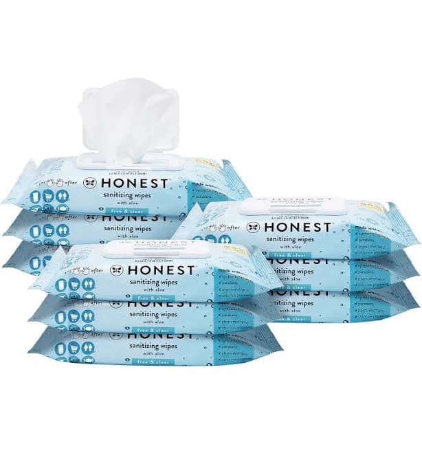 The Honest Company Fragrance-Free Sanitizing Alcohol Wipes, Antibacterial Hand Wipes with Aloe, Kills 99% of Germs, Safe for Hands, 150 Count (3 Packs of 50)