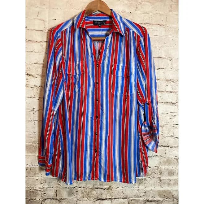 Jones New York Women's Striped Button Up Roll Tab Sleeve Shirt