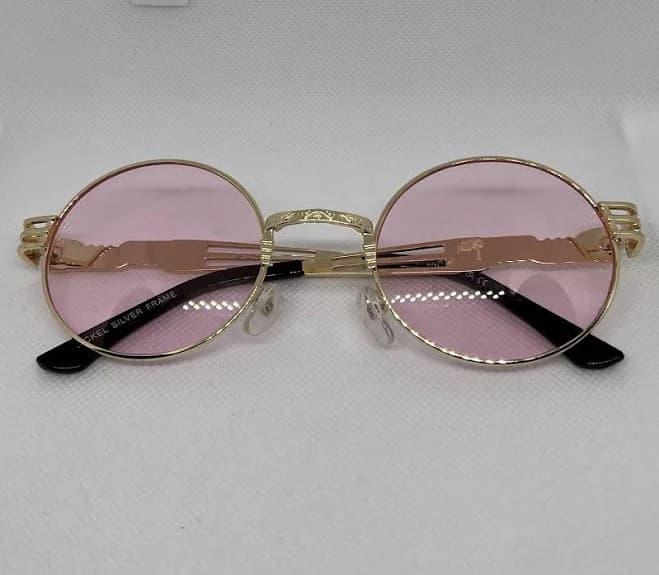 Round Pink Lens Sunglasses Gold Tone Metal Frame Vintage Style