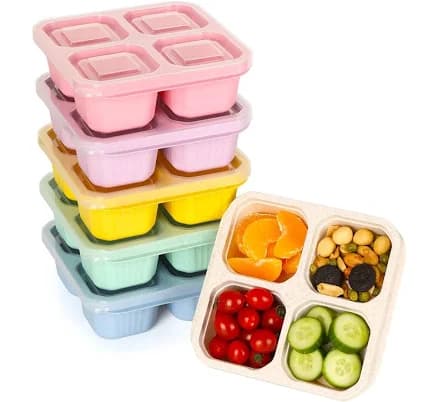 BE OVER QUALITY 6 Pack Bento Box, 4 Compartment Lunchable Snack Containers with Lids for Meal Prep, School, Travel, Reusable Divided Lunch Food
