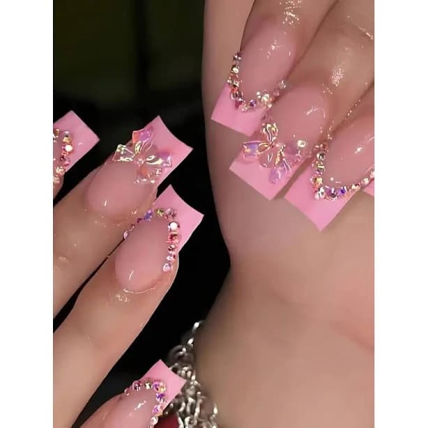 Elevate Your Style With, 24Pcs/Set Square Pink French Press On Nails Tip 3D Bow With Rhinestones Design Acrylic False Nails ,Contain 1Pc Jelly Glue