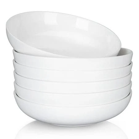 Set of 6 White Shallow Wide Pasta Bowls