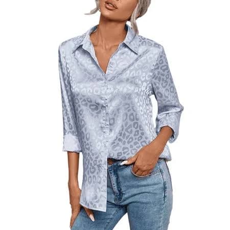 NIGHTMISS Women's Satin V-Neck Long Sleeve Leopard High Low Hem Button Down