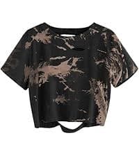 Avanova Women Tie Dye Cow Graphic Distressed Crop Top Oversized Short Sleeve Ripped Tee Shirt Black Brown Cow Small at Amazon Women's Clothing store